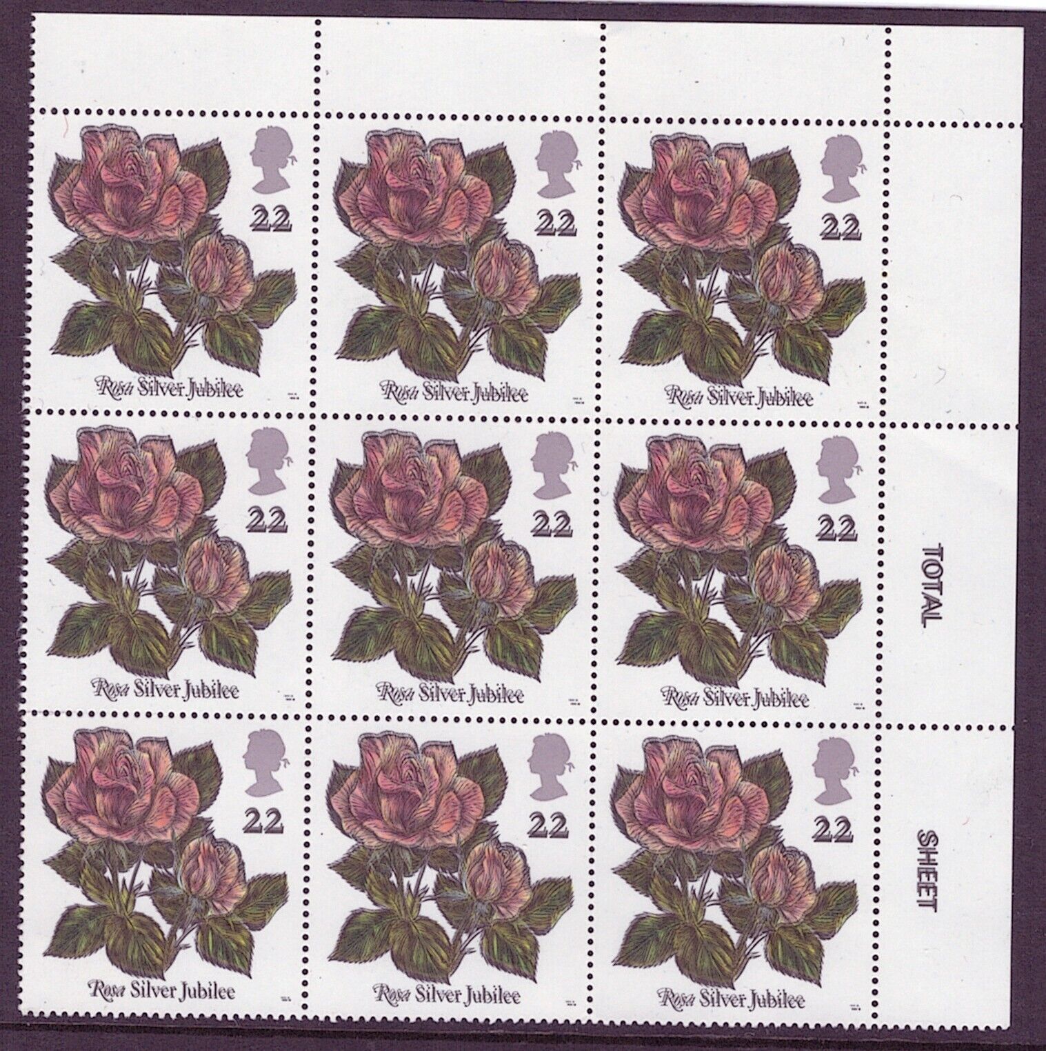 (image for) SG1568b Black Printing Double on 1991 Roses 22p value. MNH corner block of 9.
