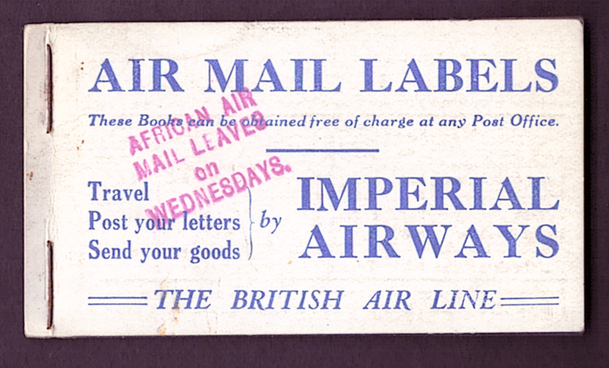 Imperial Airways airmail label booklet with scarce "African Air Mail Leaves On Wednesdays" cachet.