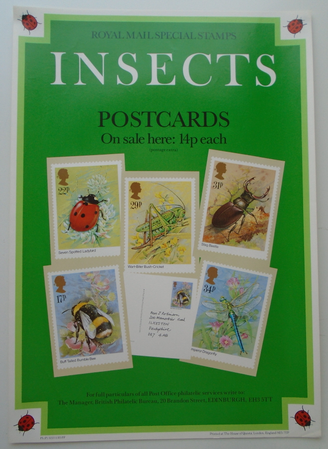 (image for) 1985 Insects Postcards Post Office A3 poster. PL(P) 3253 1/85 PP.