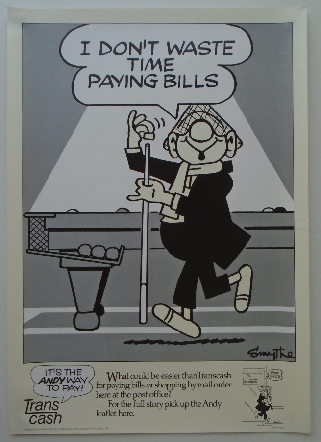 (image for) 1983 "I Don't Waste Time Paying Bills" Transcash A3 poster. P799.